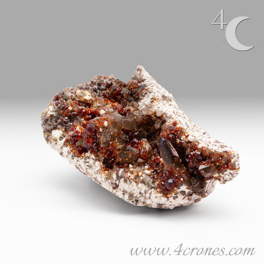 These gemmy Garnets are known as Spessartine Red Garnets, and they encrust and surround beautiful Smoky Quartz crystals on microcline feldspar matrices.  The mine these specimens come from is known for the beautiful blingy red- and orange-colored garnets that they yield. www.4crones.com